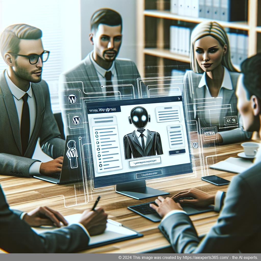 A modern office setting showcasing a diverse team discussing strategies around a laptop featuring an AI-powered WordPress chatbot interface.