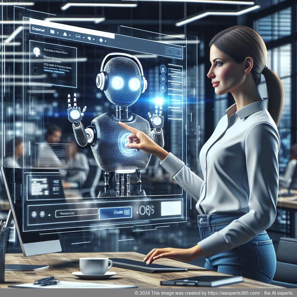 A professional-looking woman interacting with a digital interface showcasing a WordPress chatbot plugin designed for enhanced customer engagement.