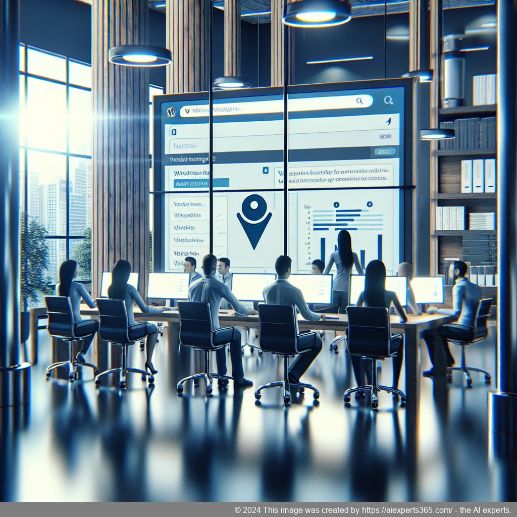 A professional setting showcasing a diverse team collaborating around a computer while discussing the implementation of a WordPress chatbot plugin.