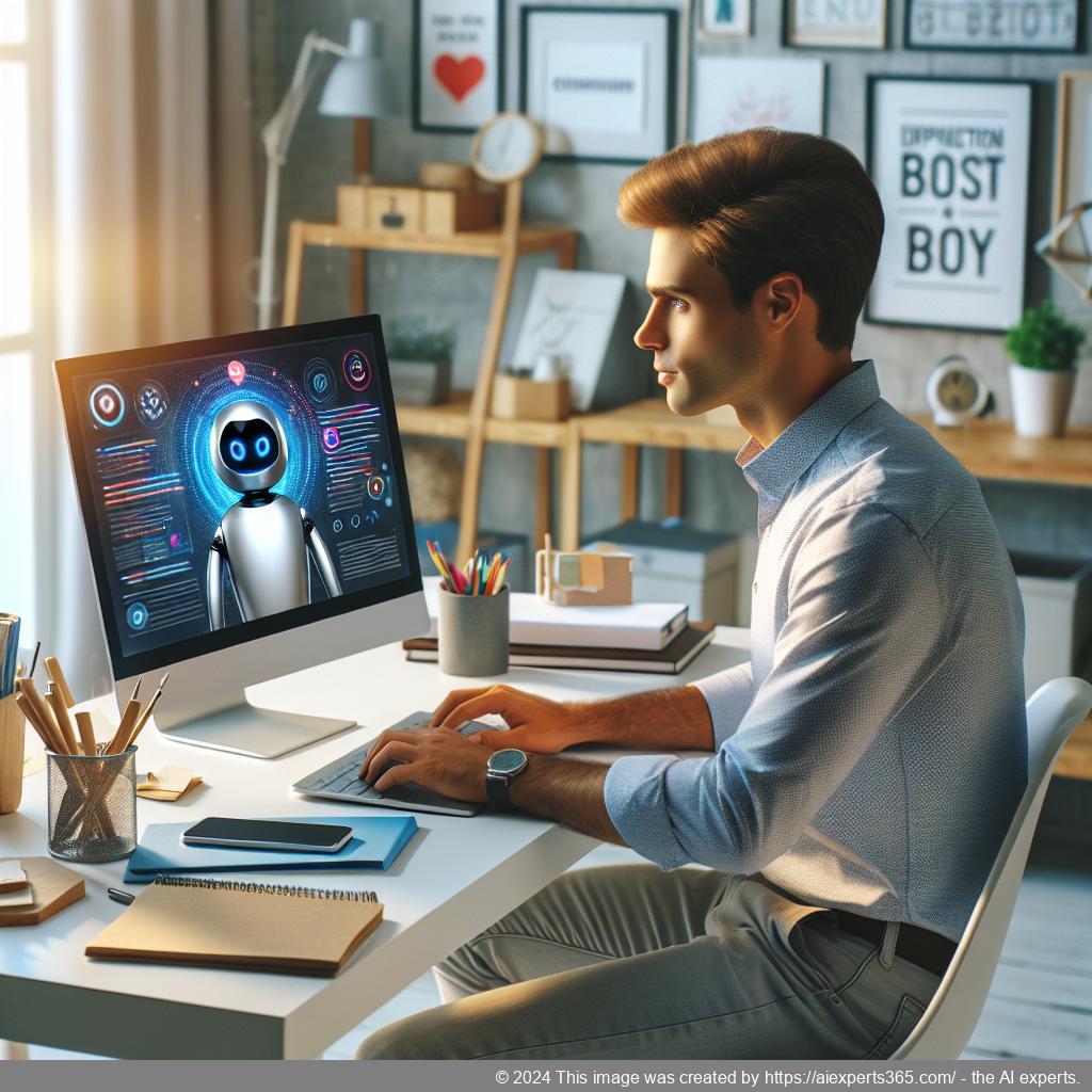 A person interacting with a computer displaying a friendly chatbot interface designed for a WordPress website.