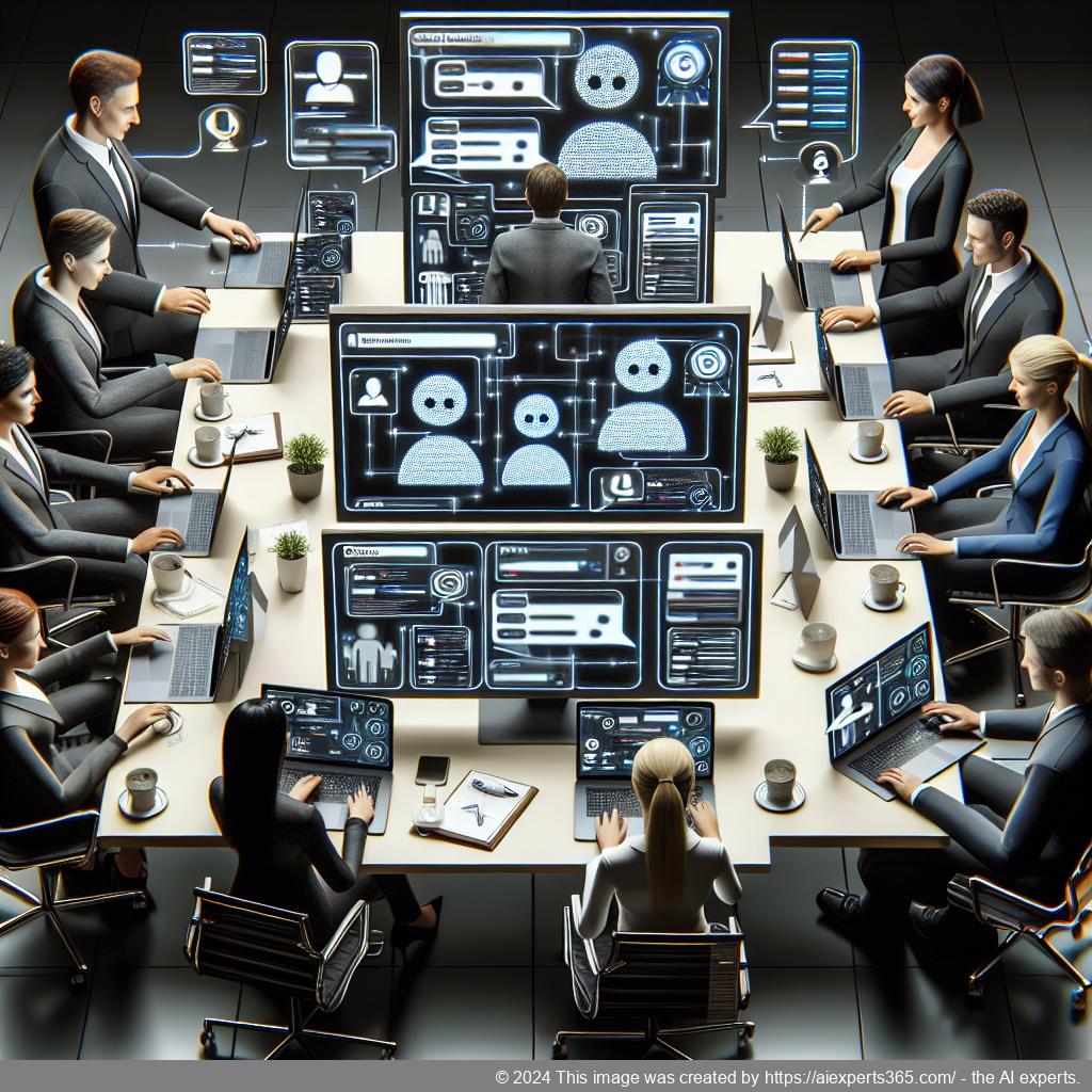 A visual representation of a multi-department chatbot interacting with customers across various platforms, showcasing its role in enhancing operational efficiency.