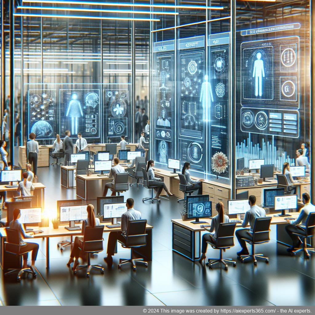 A visual representation of a multi-department chatbot assisting customers across various sectors like sales, support, and accounting.