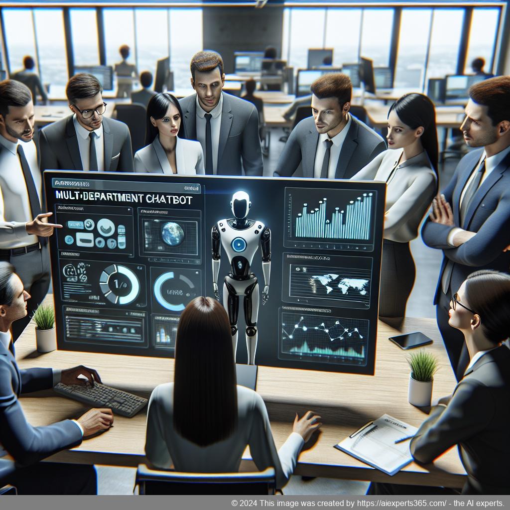 A professional team collaborating around a computer screen displaying a multi-department chatbot interface designed for enhancing customer engagement.
