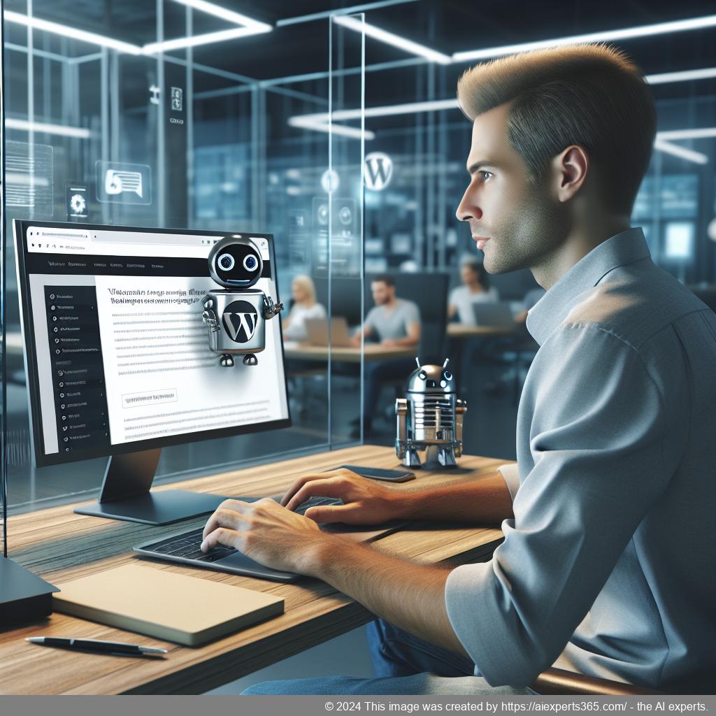 A professional setting showcasing a person interacting with a computer displaying the WordPress ChatGPT Chatbot Plugin interface.