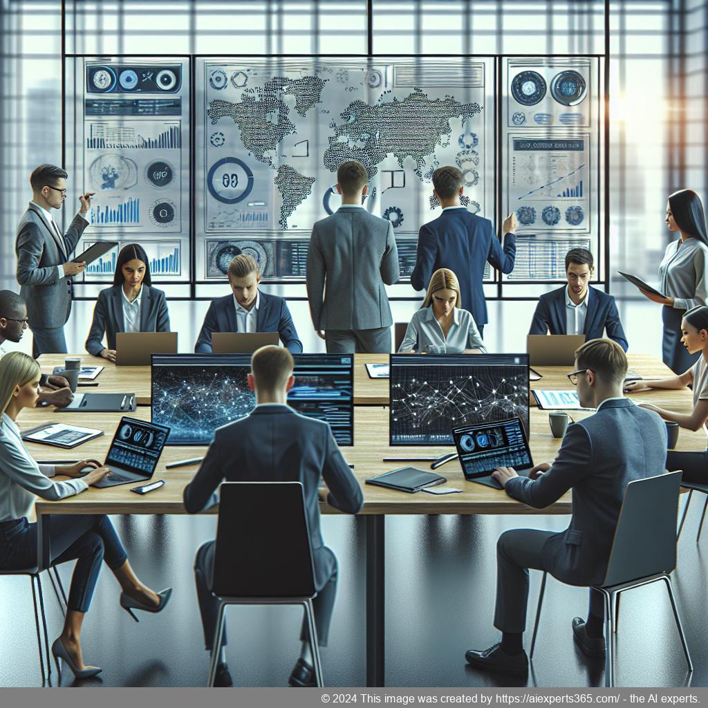 A professional team collaborating on deploying a multi-department chatbot solution for enhanced customer service.