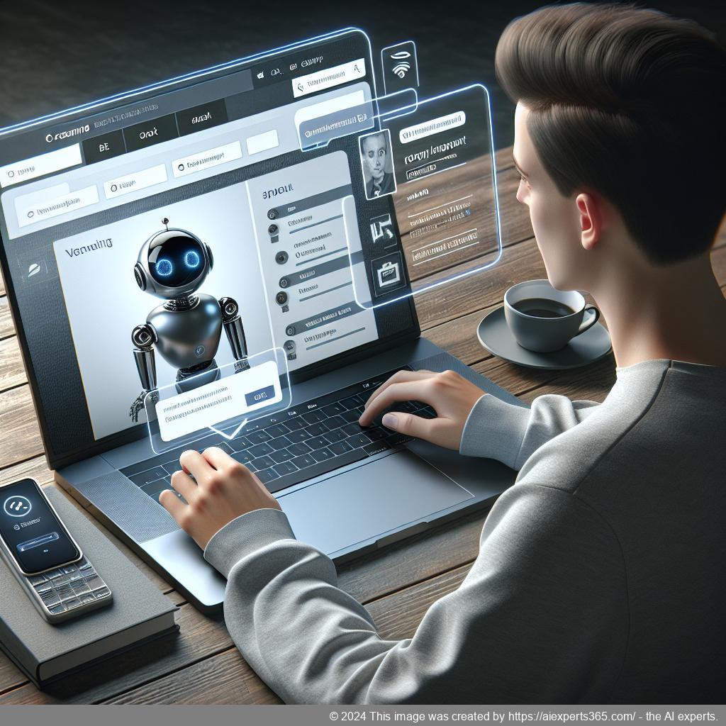 A professional setting showcasing a person interacting with a website using a chatbot interface designed for e-commerce.