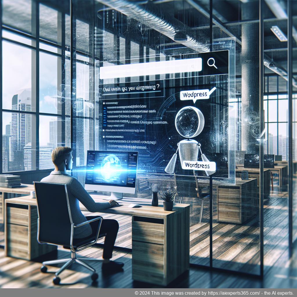 A professional setting showcasing a person interacting with a computer displaying a WordPress ChatGPT chatbot interface.