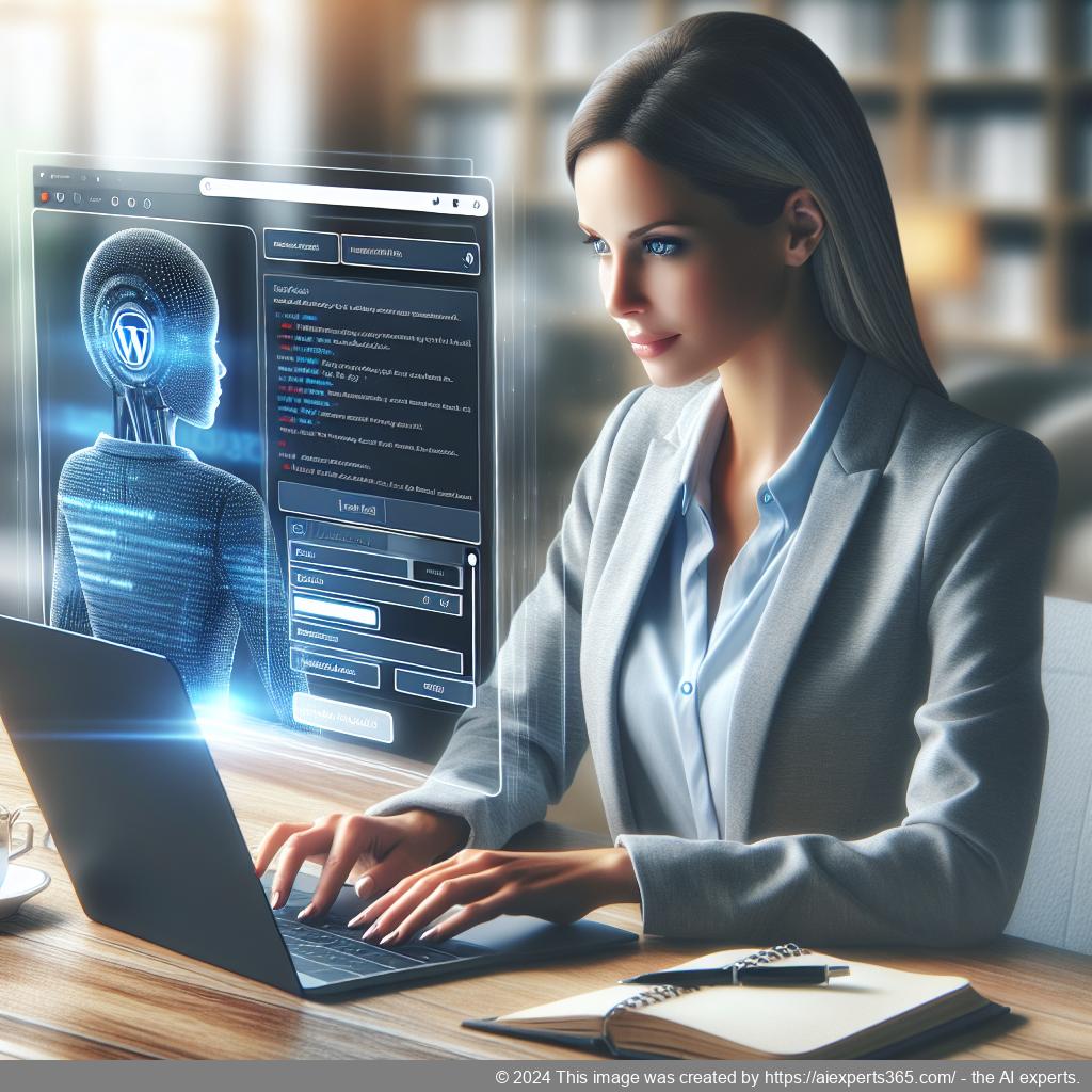A professional-looking woman interacting with a laptop displaying a WordPress site featuring an AI ChatGPT chatbot interface.
