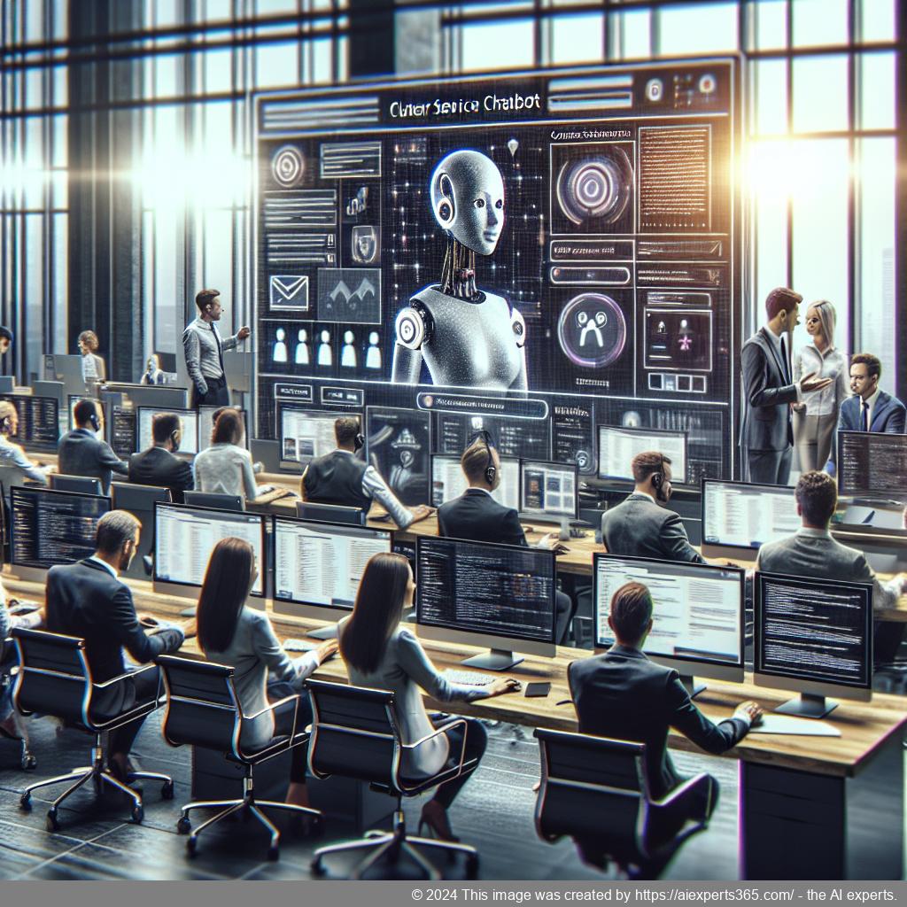 A modern office environment featuring a professional German-speaking team engaging with customers through an innovative WordPress ChatGPT chatbot.