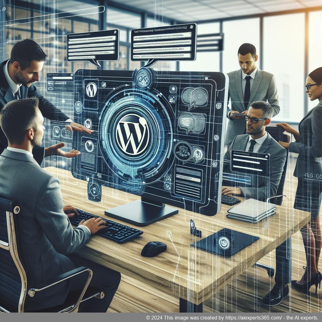 A professional setting showcasing a diverse team collaborating around a computer displaying a WordPress ChatGPT chatbot interface.