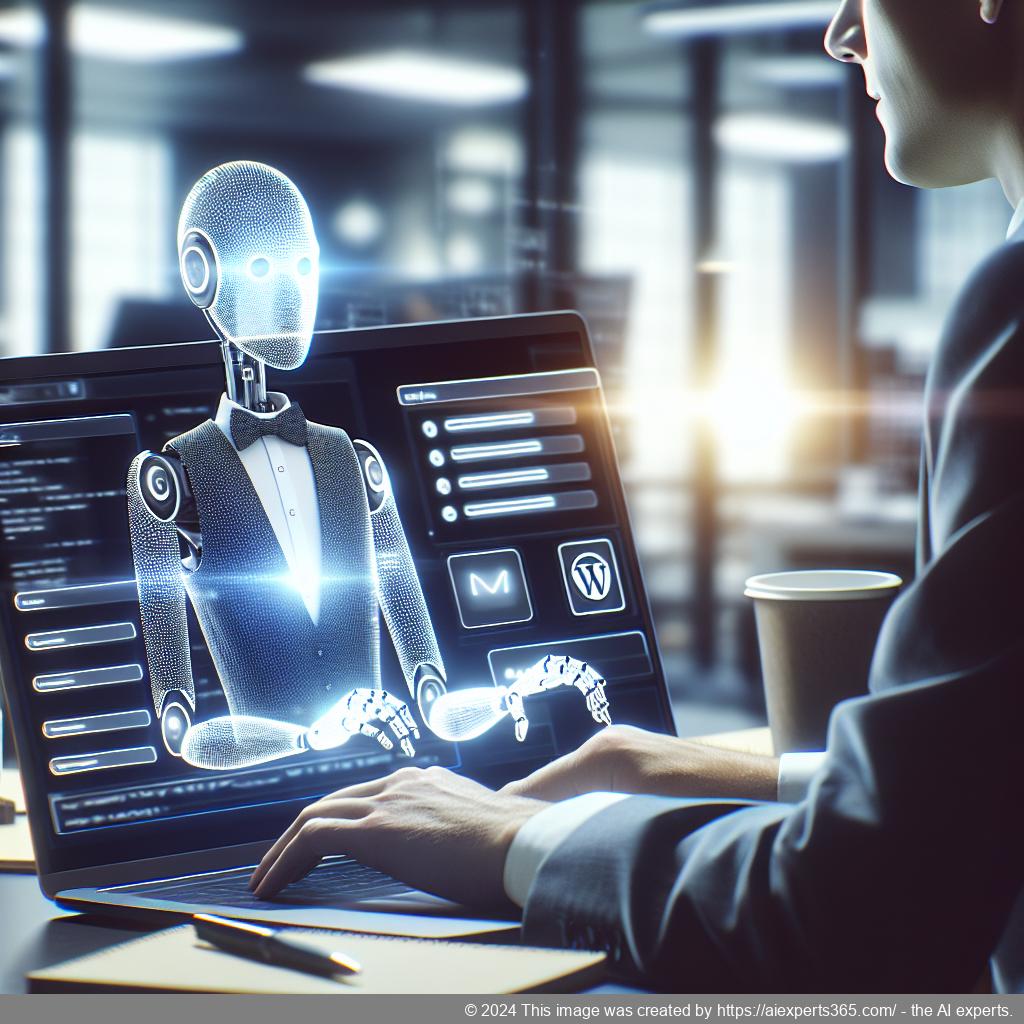 A professional-looking person interacting with a laptop displaying a WordPress ChatGPT chatbot interface.