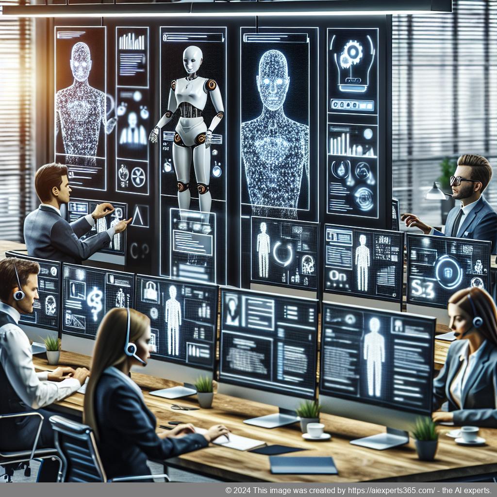 A visual representation of a multi-department chatbot assisting customers across various sectors like sales, support, and accounting.