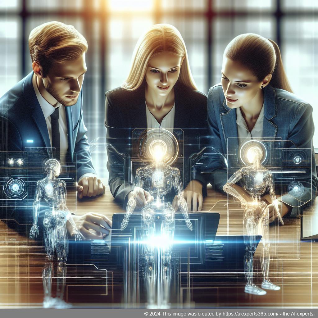 A modern office setting showcasing a diverse team using laptops with an AI-driven chatbot interface displayed on screen; symbolizing enhanced customer engagement strategies.