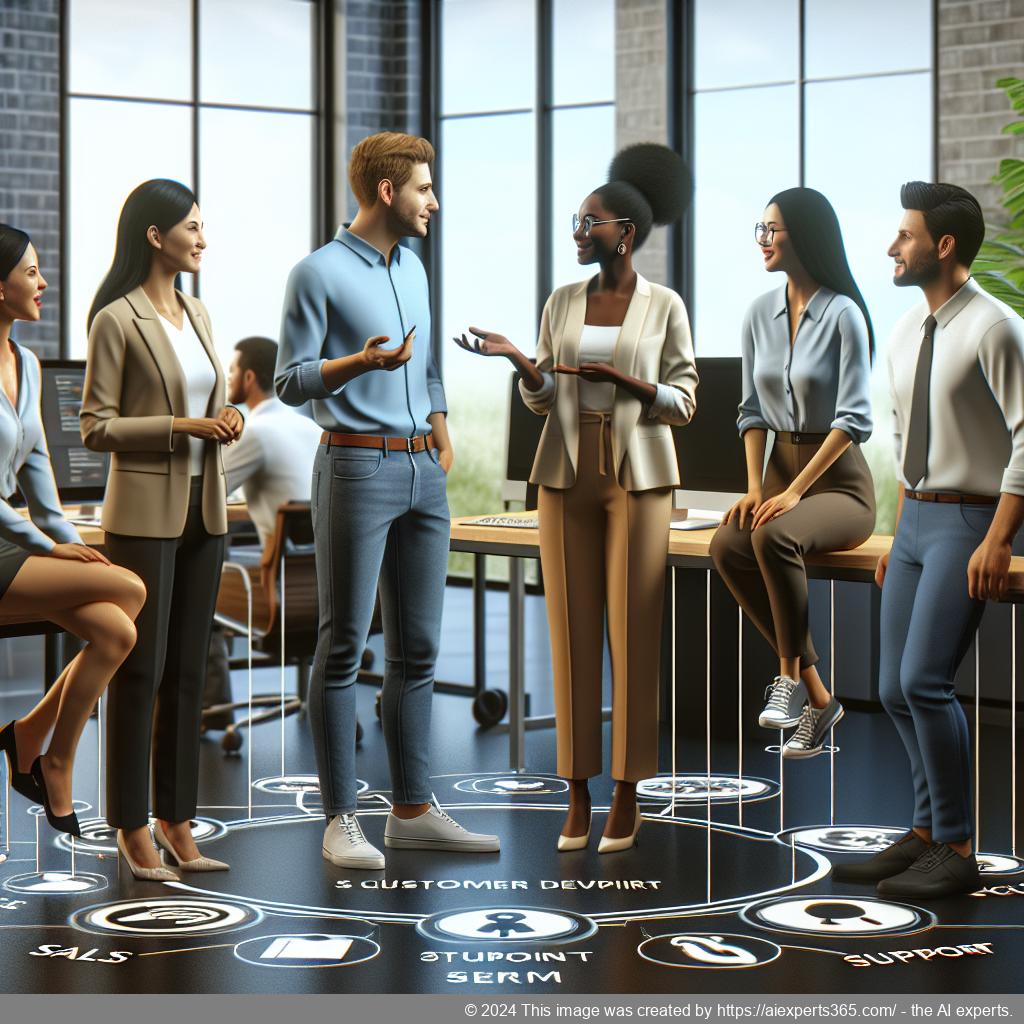 A professional setting showcasing a team collaborating over technology with a focus on enhancing customer engagement through a multi-department chatbot.