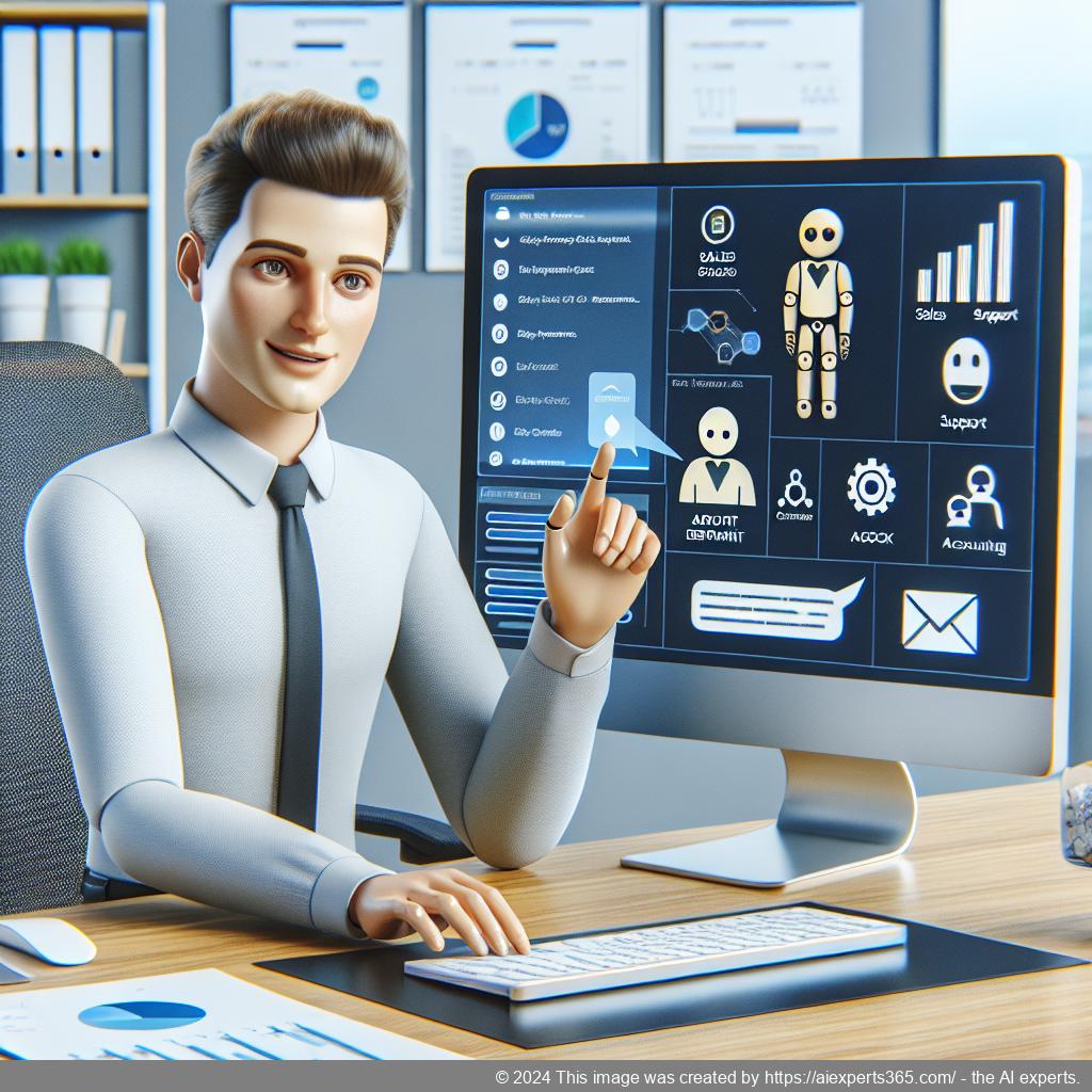 A visual representation of a multi-department chatbot interacting with users from different sectors like sales, support, and accounting.