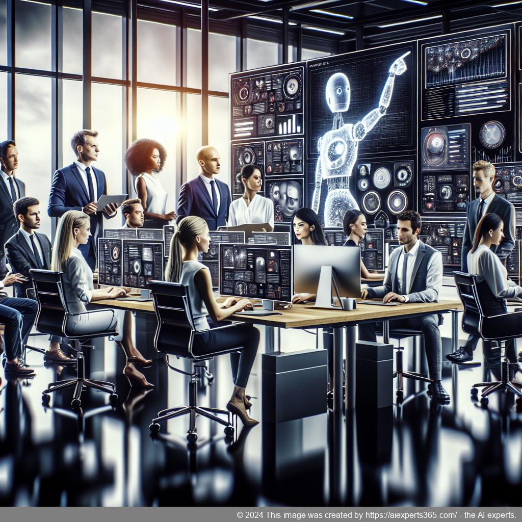 A professional-looking image showcasing a modern office environment where a diverse team interacts with an advanced AI-driven chatbot on their computer screens.