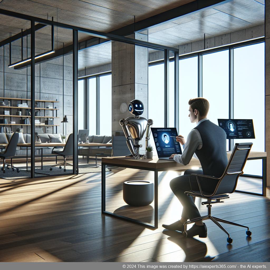 A professional setting showcasing a person interacting with an AI-driven chatbot on a laptop screen within a modern office environment.