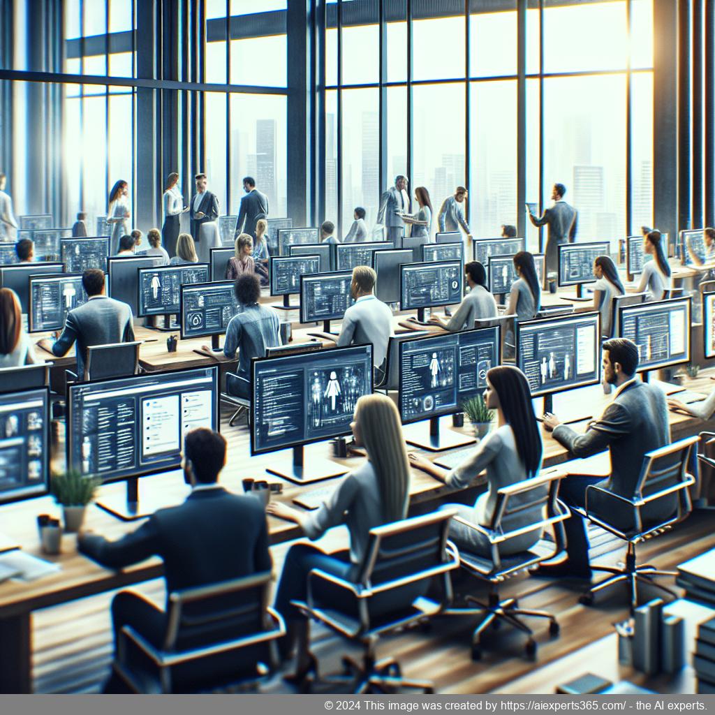 A modern office setting featuring diverse professionals collaborating around computers while utilizing a multi-department chatbot system for improved communication.