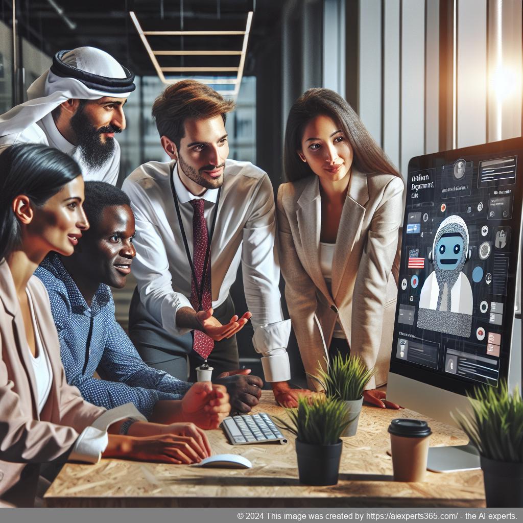 A professional team discussing strategies around a computer screen featuring a multi-department chatbot interface.