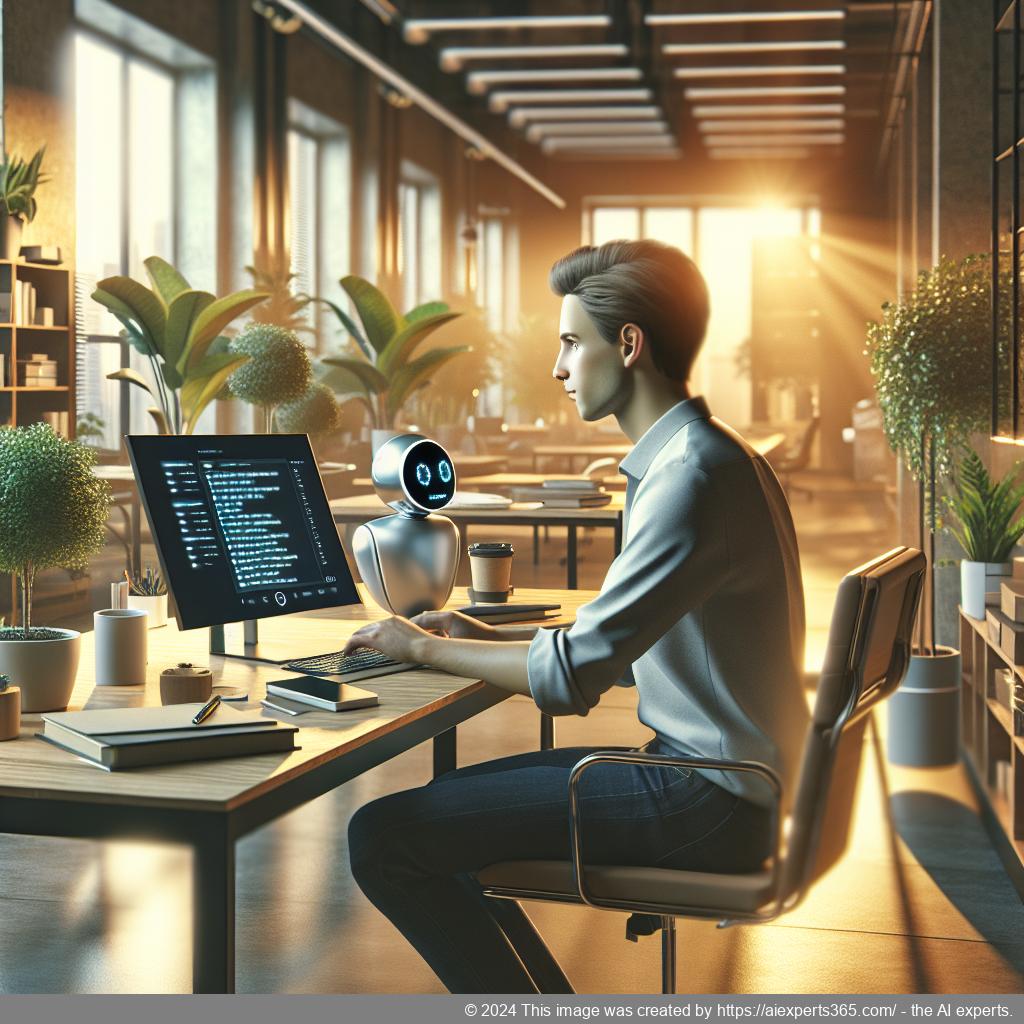 A modern office scene showing a professional interacting with an AI-driven chatbot interface on a laptop screen while discussing strategies for enhancing customer satisfaction.