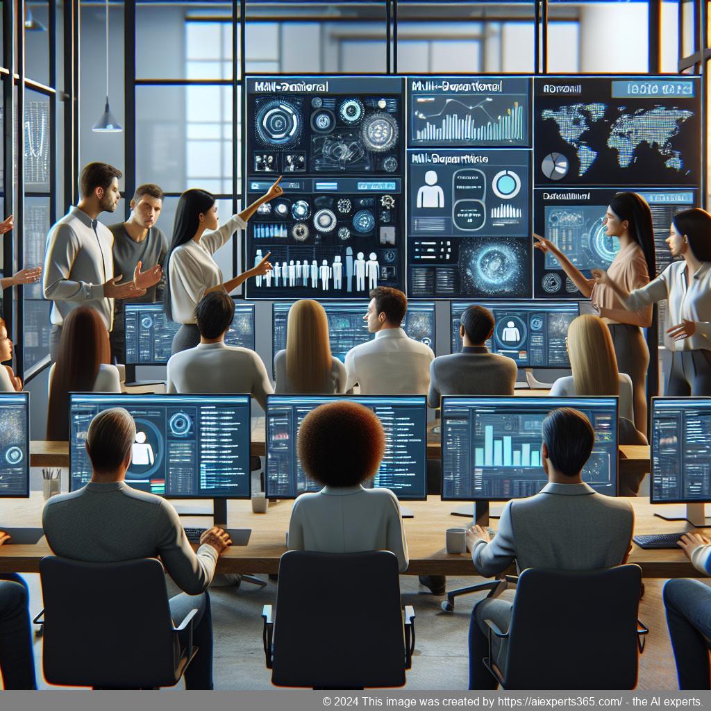 A visual representation of a multi-department chatbot enhancing customer support through streamlined communication between various teams.