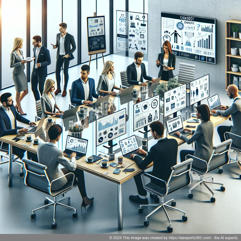 A professional team discussing strategies for implementing a multi-department chatbot in their office setting.