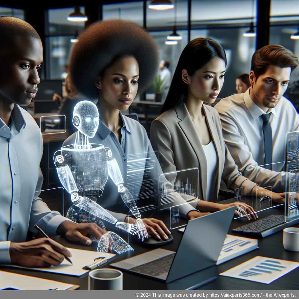 An illustration of a diverse group of professionals collaborating using an AI-powered multi-department chatbot for enhanced communication.