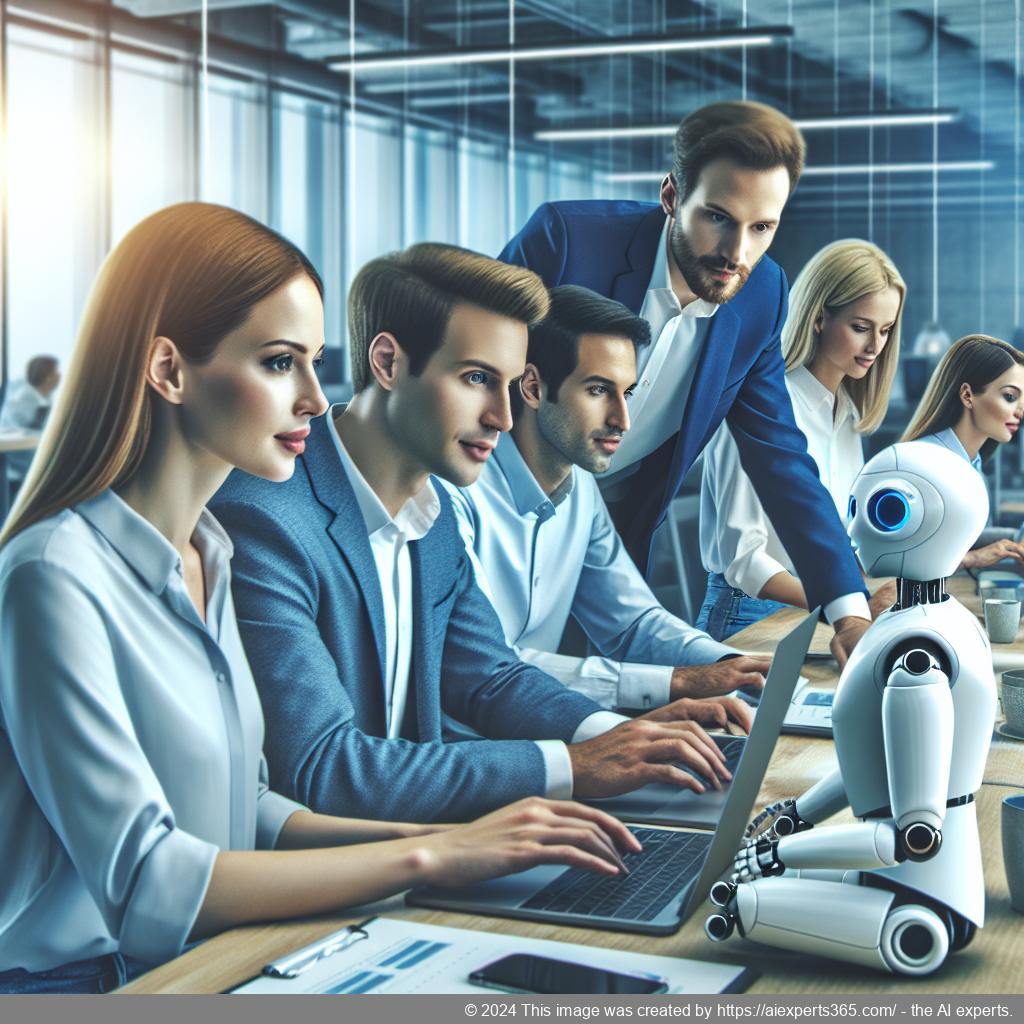 A modern office environment showcasing professionals collaborating around advanced technology tools like chatbots to enhance customer service.