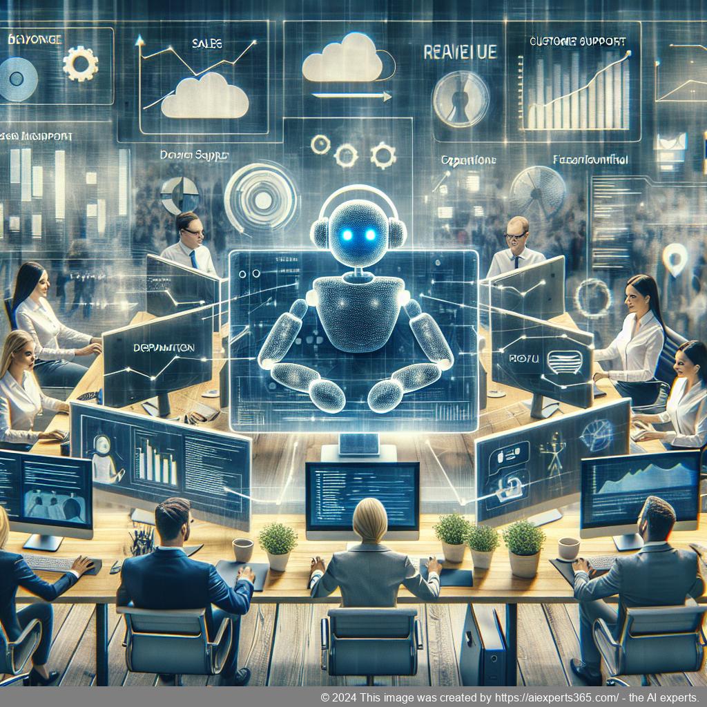 A visual representation of a multi-department chatbot streamlining business communications across various sectors such as sales, support, and accounting.