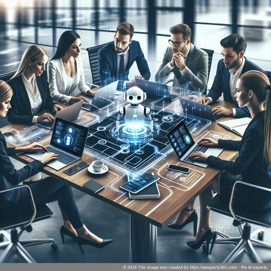 A professional team collaborating around a computer screen displaying a multi-department chatbot interface, showcasing enhanced customer engagement.