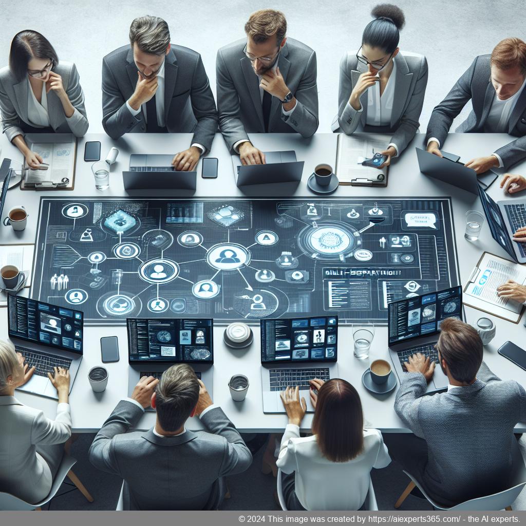 A professional team discussing strategies for deploying a multi-department chatbot in an office setting.