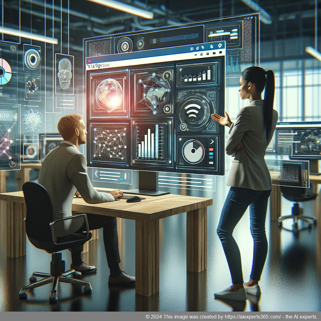 A visually engaging representation of a modern office environment featuring a diverse team collaborating around a computer screen displaying a WordPress chatbot interface.