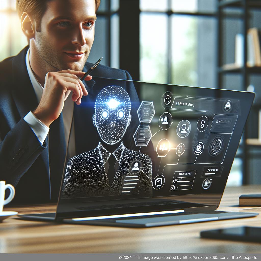 A visual representation of a business professional interacting with a chatbot interface powered by artificial intelligence on a WordPress website.