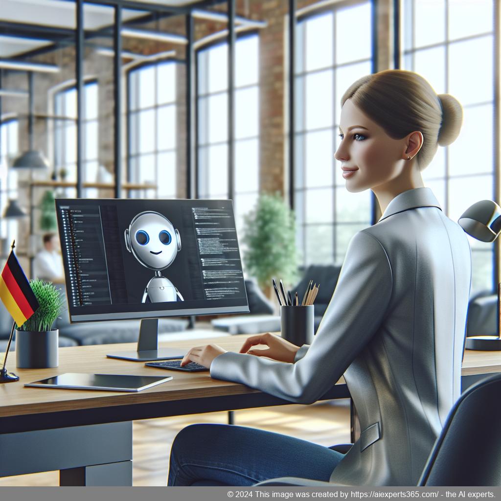 A professional-looking woman interacting with a laptop displaying a chatbot interface on a modern office desk.