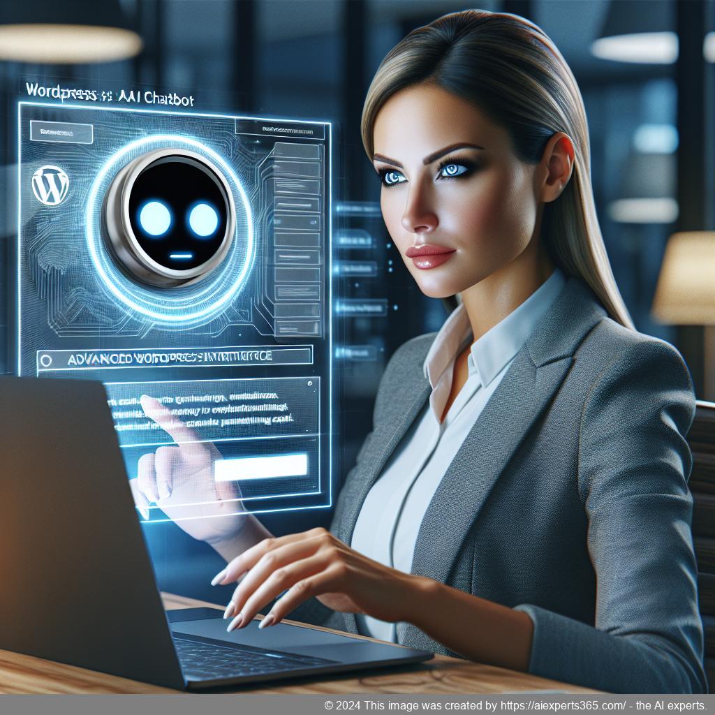 A professional German or Western European individual interacting with an advanced WordPress AI chatbot on a laptop screen.