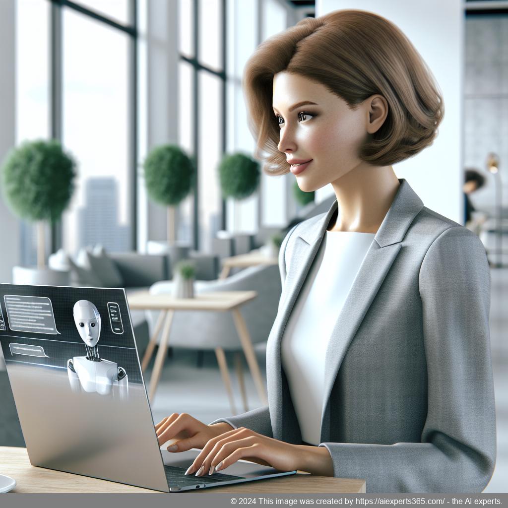 A professional setting showcasing a person interacting with an advanced WordPress AI chatbot interface on a laptop.