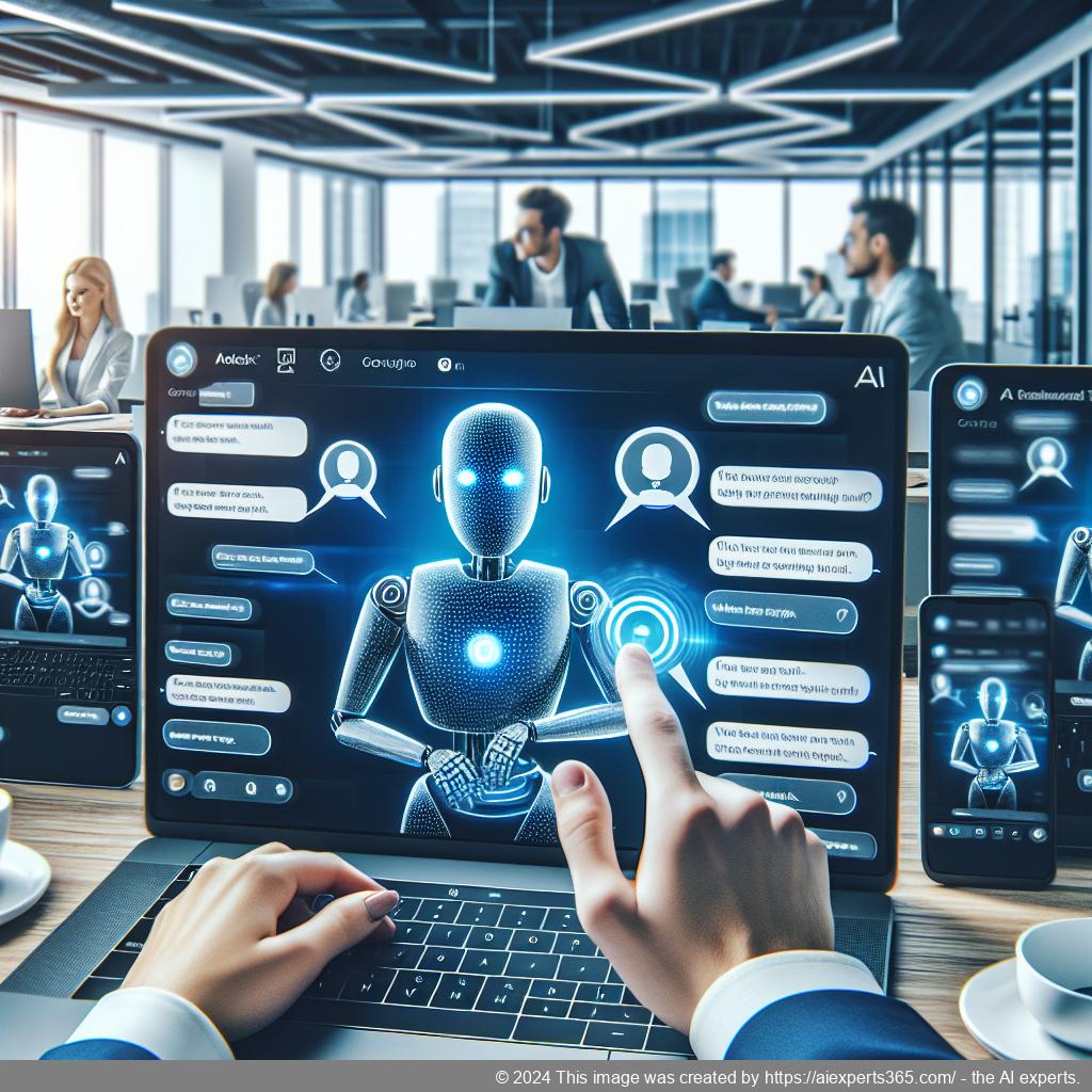 An illustration showcasing a professional setting where a diverse group of individuals interacts with an advanced WordPress AI chatbot on their devices.