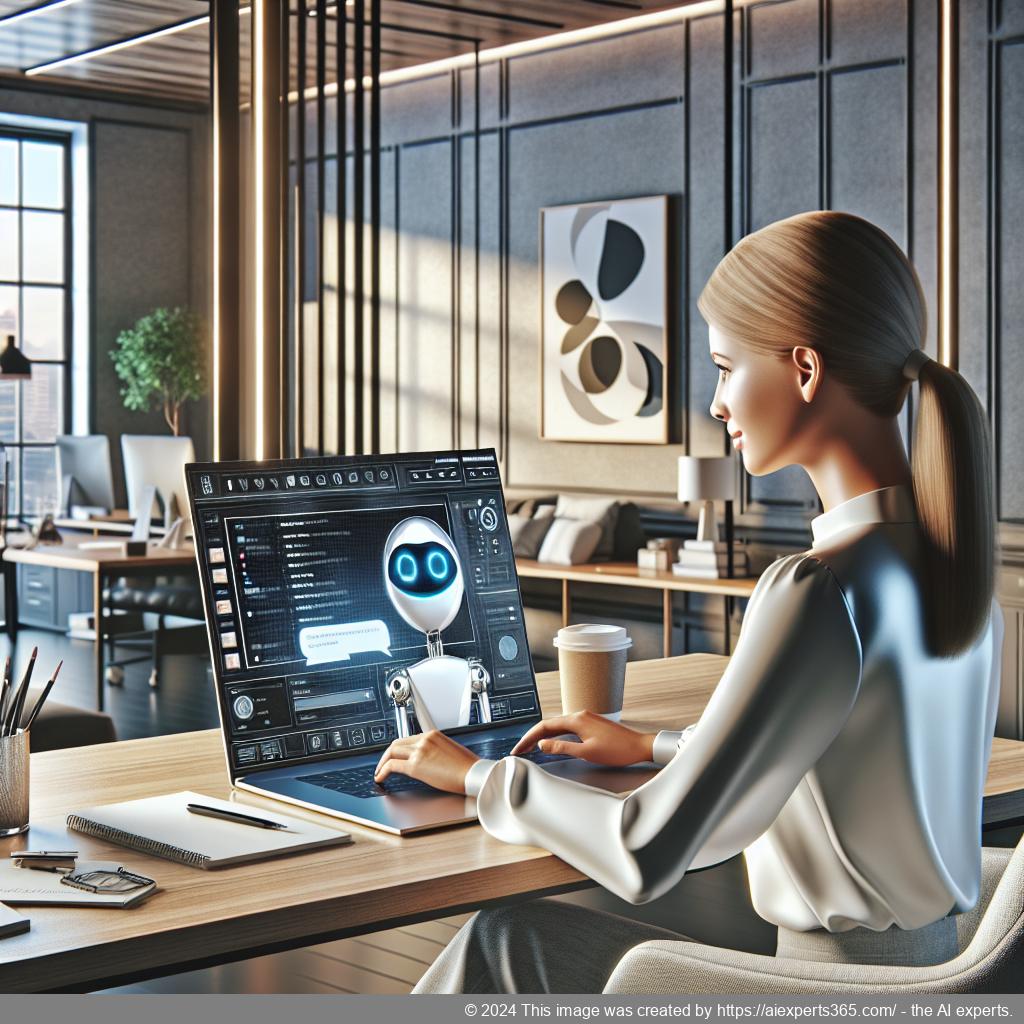 A professional-looking woman interacting with a chatbot interface on a laptop screen showcasing the capabilities of a WordPress chatbot plugin.