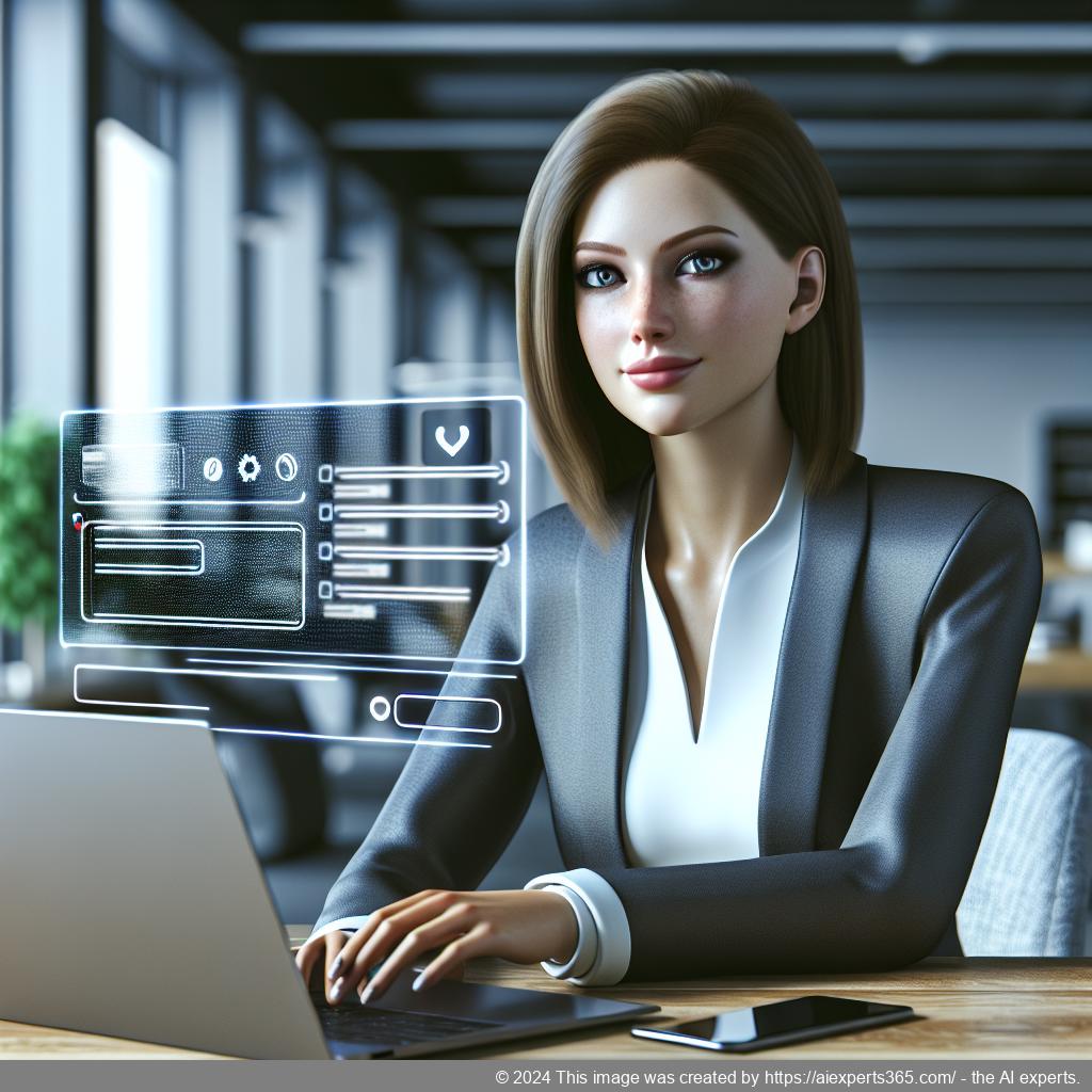 A professional-looking woman interacting with a digital interface showcasing a chatbot on a laptop screen.