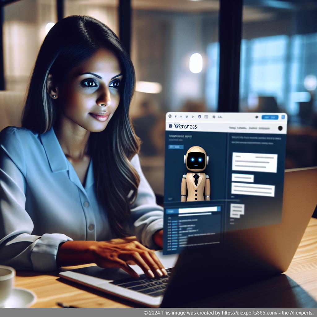 A professional setting showcasing a person interacting with an advanced WordPress AI chatbot on a laptop screen.
