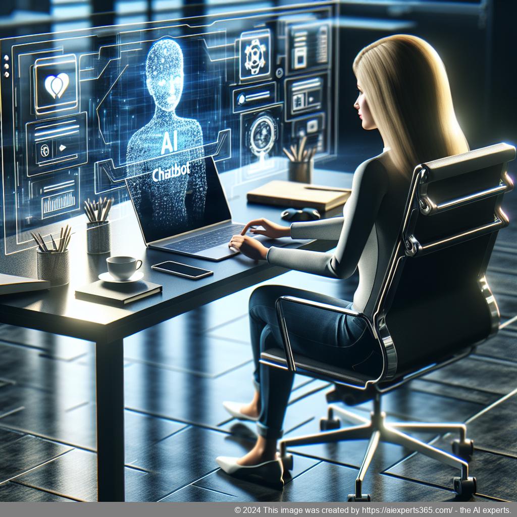 A professional-looking German woman interacting with an advanced WordPress AI chatbot on her laptop screen.