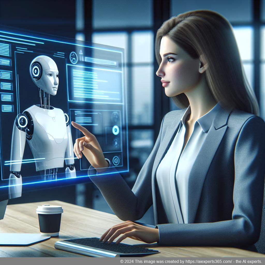 A professional setting showcasing a person interacting with an advanced WordPress AI chatbot on a computer screen.