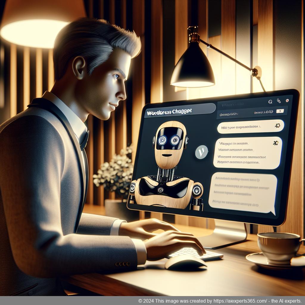 A professional-looking German or Western European individual interacting with a WordPress ChatGPT chatbot on a laptop, showcasing enhanced customer engagement.