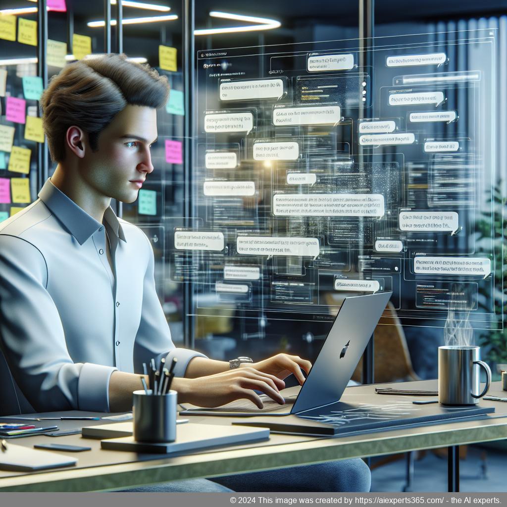 A professional setting showing a person interacting with a computer displaying a ChatGPT interface on a WordPress website.