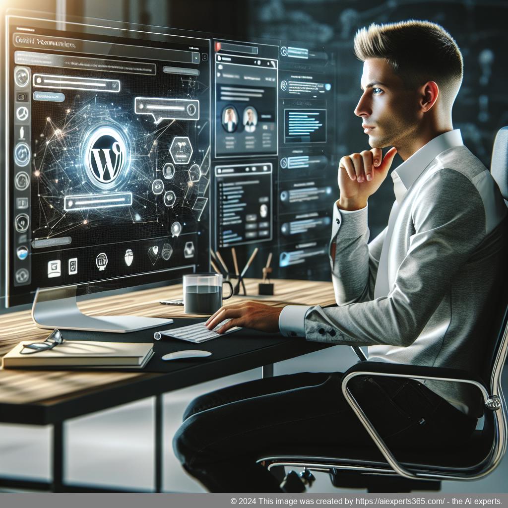A professional looking at a computer screen displaying a chat interface powered by an advanced WordPress chatbot.