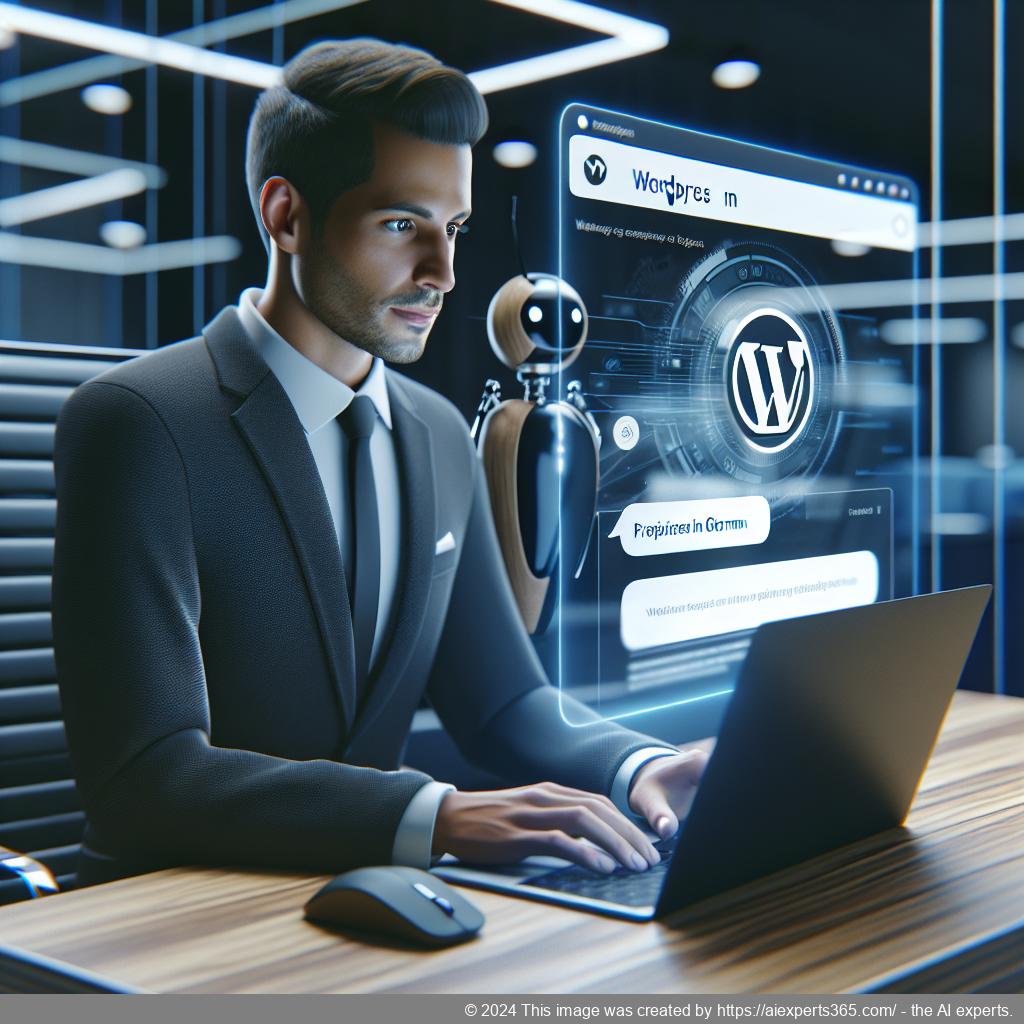 A visual representation showcasing a professional German-speaking individual interacting with an advanced WordPress chatbot interface on a laptop.