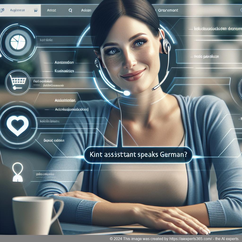 A digital representation of a friendly German-speaking female assistant engaging customers through a chat interface on a laptop screen.