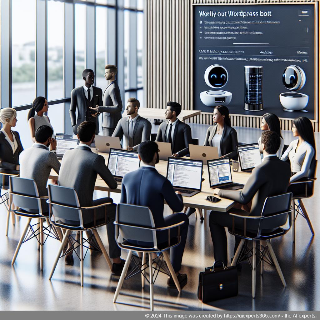 A professional setting showcasing a diverse team discussing strategies for implementing an AI-powered WordPress chatbot solution.