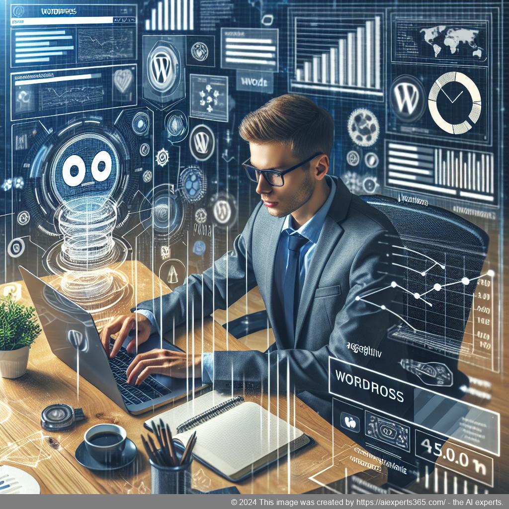 A professional setting showcasing a person interacting with a WordPress chatbot interface on their laptop while discussing e-commerce strategies.