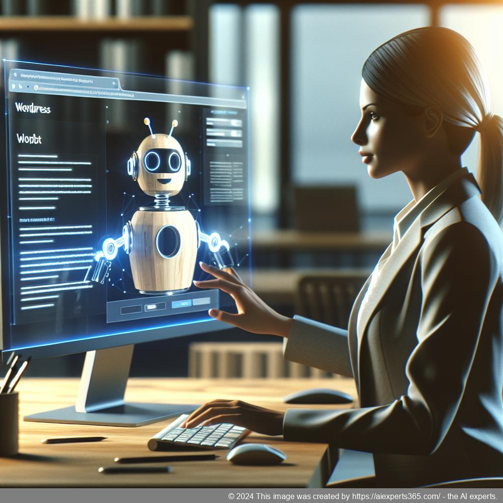 A professional woman interacting with a computer displaying a chatbot interface on a WordPress site.